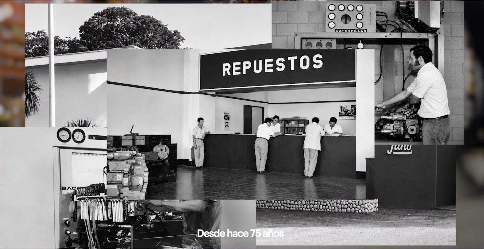 Collage de fotografías históricas de MATRA: mostrador de repuestos y taller